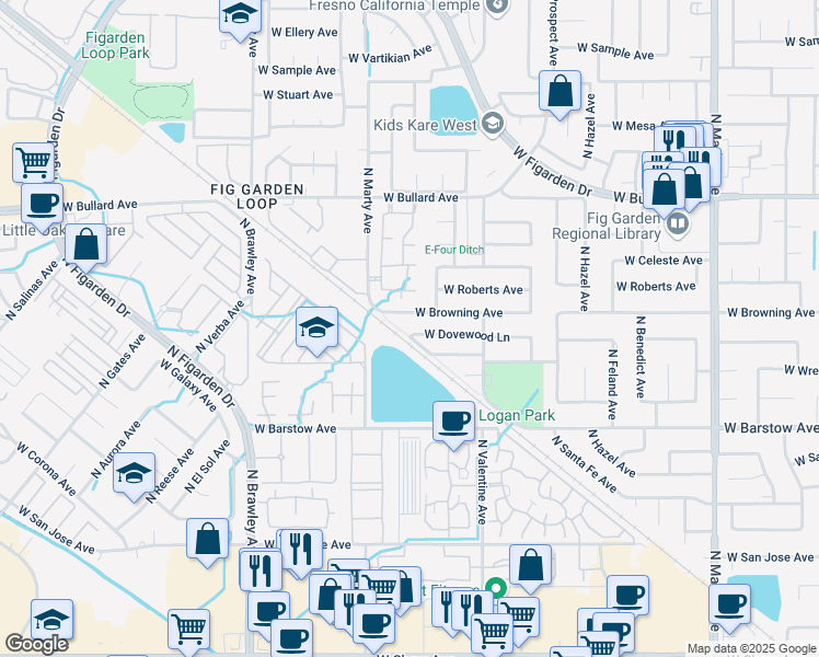 map of restaurants, bars, coffee shops, grocery stores, and more near 3583 West Browning Avenue in Fresno