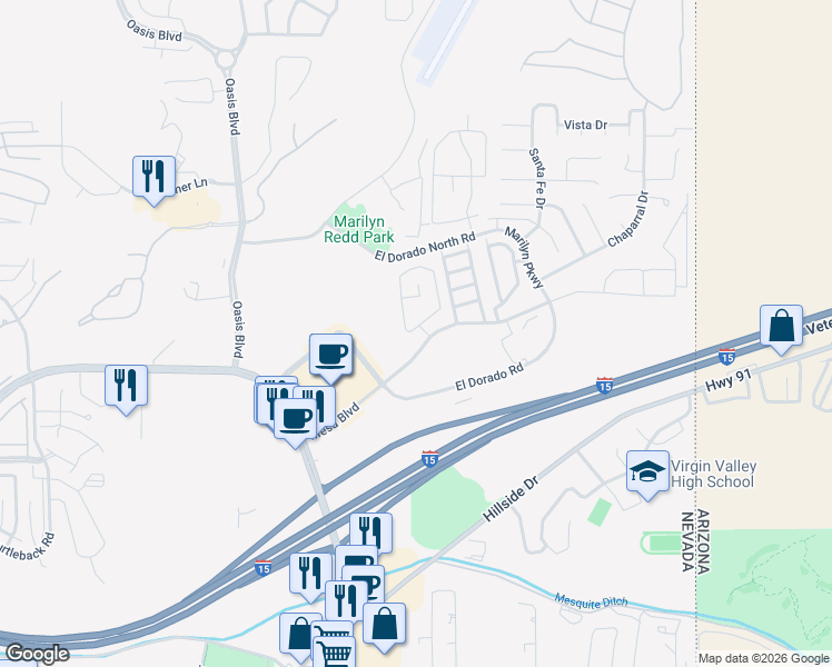 map of restaurants, bars, coffee shops, grocery stores, and more near 417 Mesa Boulevard in Mesquite
