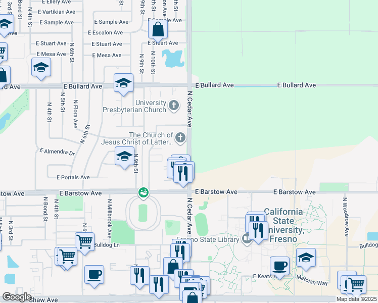 map of restaurants, bars, coffee shops, grocery stores, and more near in Fresno