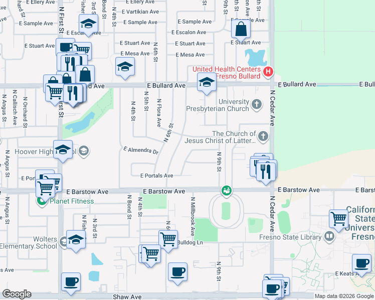 map of restaurants, bars, coffee shops, grocery stores, and more near 1496 East Almendra Drive in Fresno