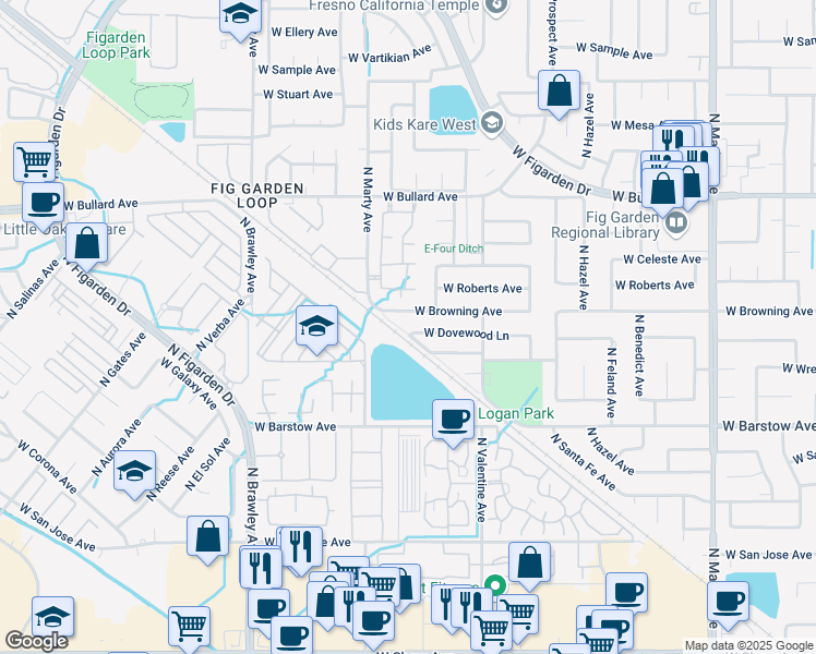 map of restaurants, bars, coffee shops, grocery stores, and more near 3583 West Browning Avenue in Fresno