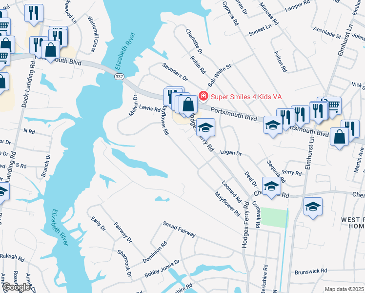 map of restaurants, bars, coffee shops, grocery stores, and more near 215 Mayflower Road in Portsmouth