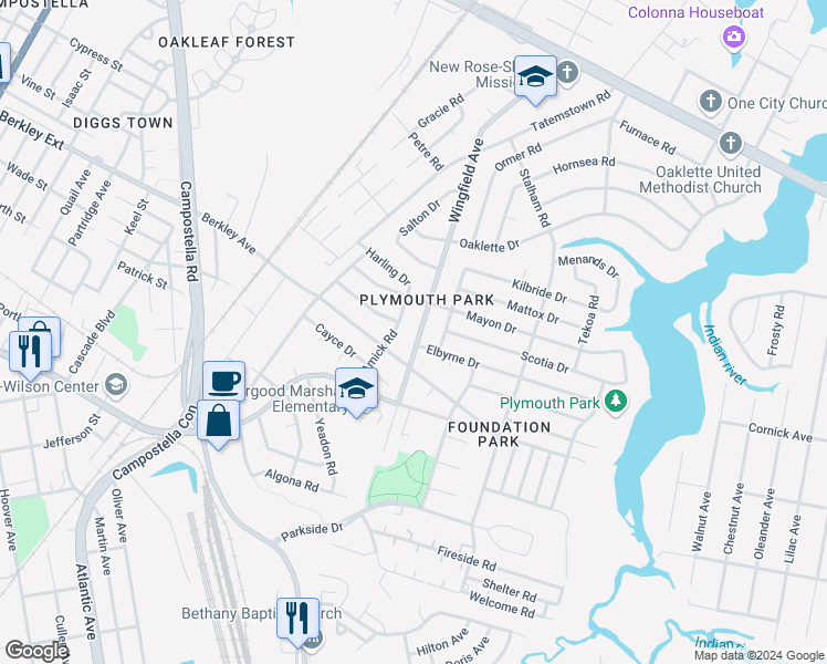 map of restaurants, bars, coffee shops, grocery stores, and more near 1511 Wingfield Avenue in Chesapeake