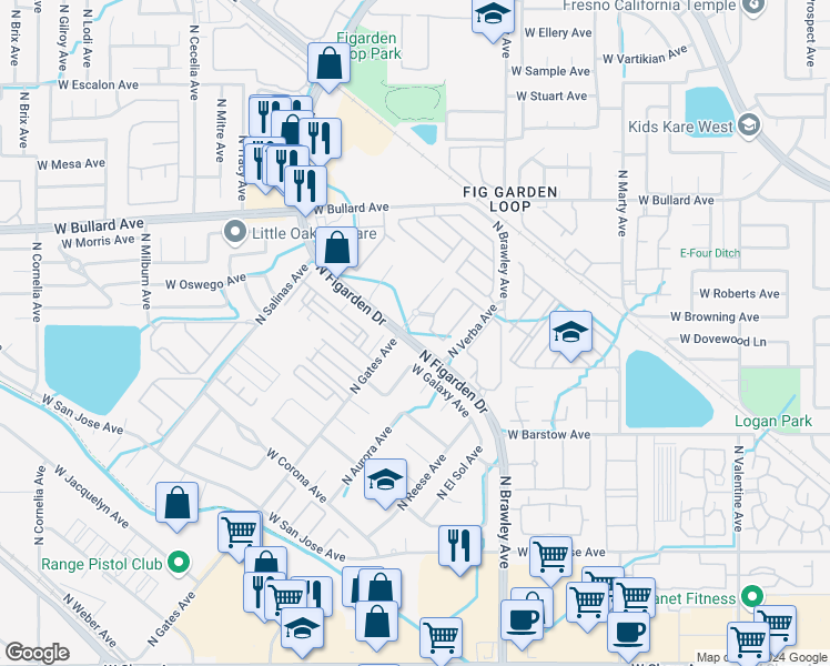 map of restaurants, bars, coffee shops, grocery stores, and more near 5606 North Gates Avenue in Fresno