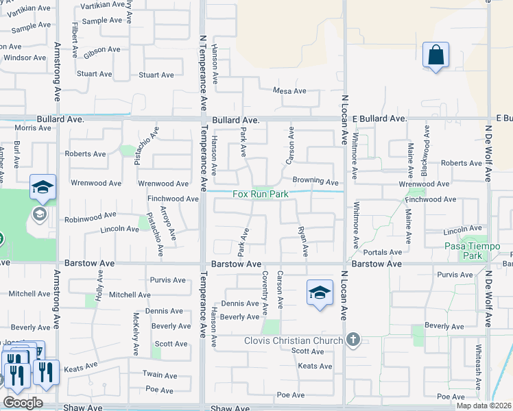 map of restaurants, bars, coffee shops, grocery stores, and more near 2691 Wrenwood Avenue in Clovis