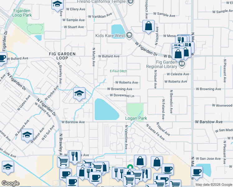map of restaurants, bars, coffee shops, grocery stores, and more near 3473 West Browning Avenue in Fresno