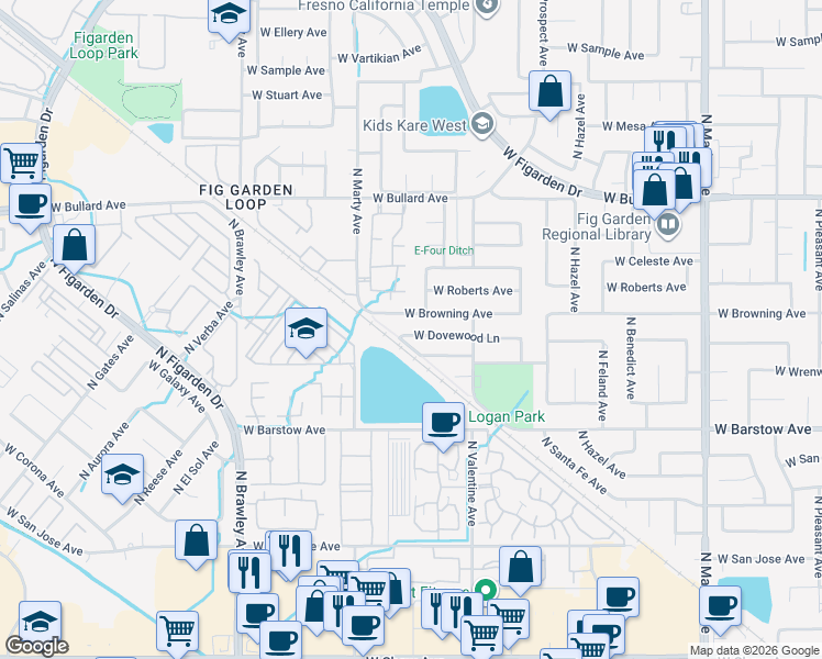 map of restaurants, bars, coffee shops, grocery stores, and more near 3583 West Browning Avenue in Fresno