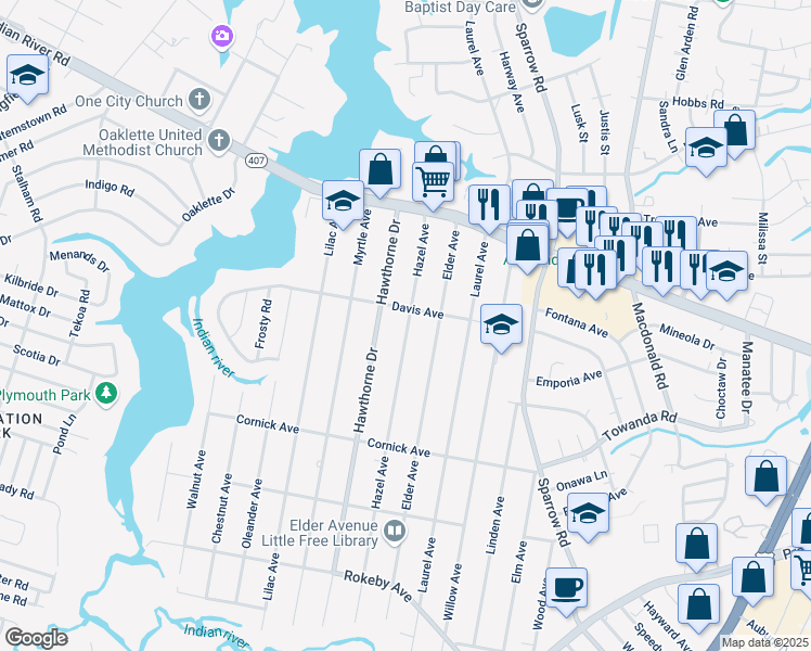 map of restaurants, bars, coffee shops, grocery stores, and more near 1207 Hazel Avenue in Chesapeake