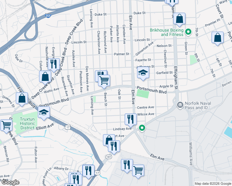 map of restaurants, bars, coffee shops, grocery stores, and more near 1241 Portsmouth Boulevard in Portsmouth