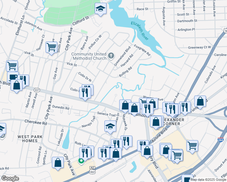 map of restaurants, bars, coffee shops, grocery stores, and more near 15 Greeneland Boulevard in Portsmouth