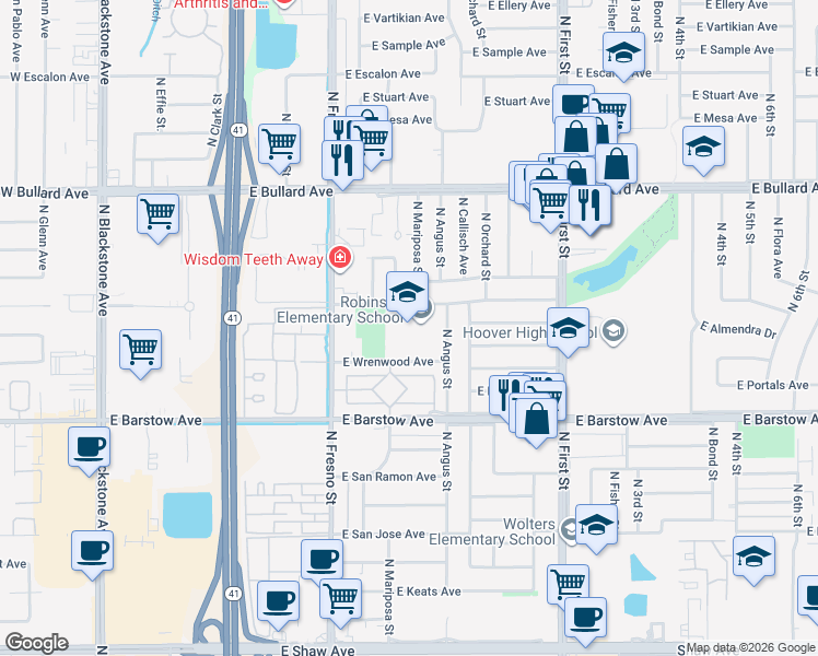 map of restaurants, bars, coffee shops, grocery stores, and more near 555 East Browning Avenue in Fresno