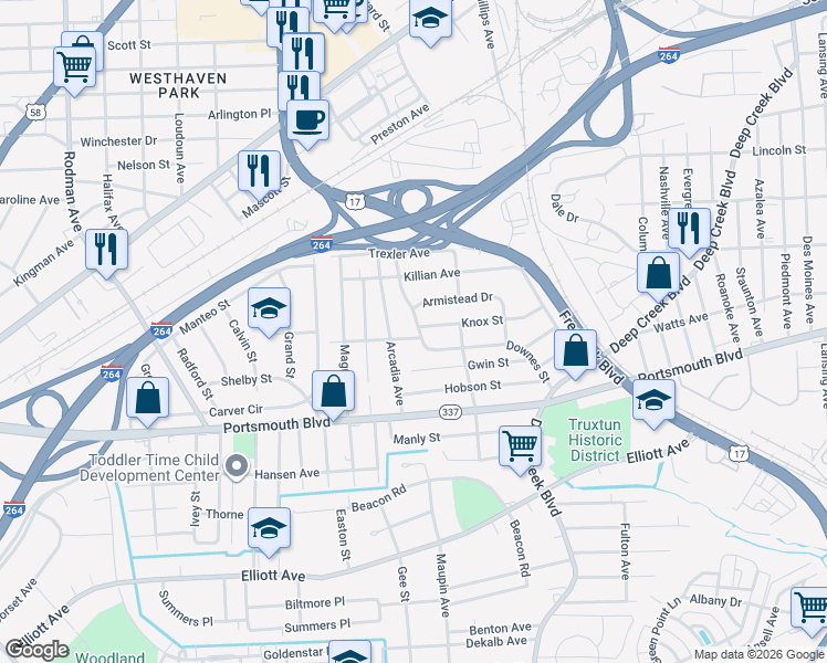 map of restaurants, bars, coffee shops, grocery stores, and more near 3404 Downes Street in Portsmouth