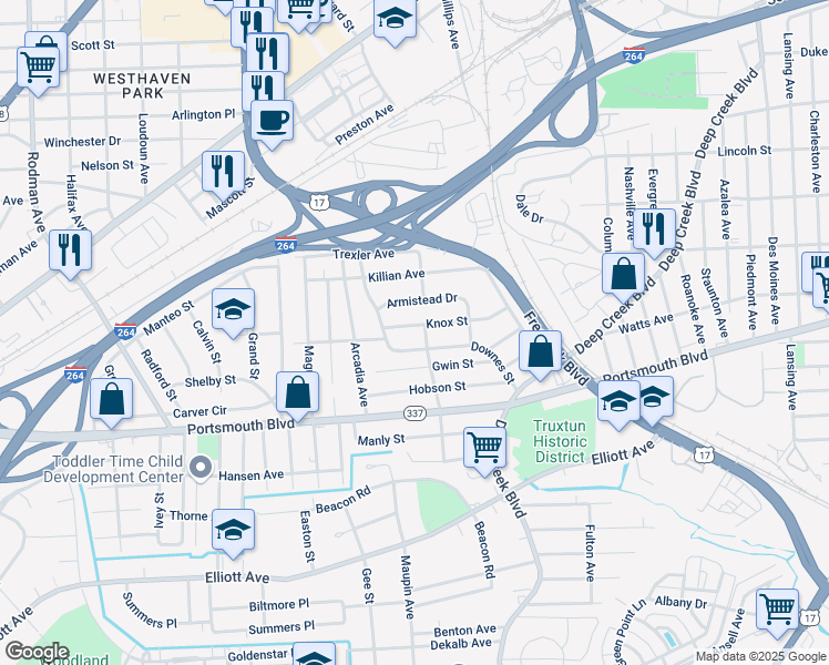 map of restaurants, bars, coffee shops, grocery stores, and more near 3305 Knox Street in Portsmouth