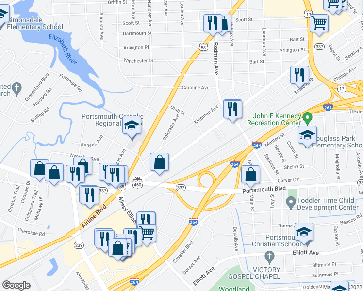 map of restaurants, bars, coffee shops, grocery stores, and more near 3824 Turnpike Road in Portsmouth