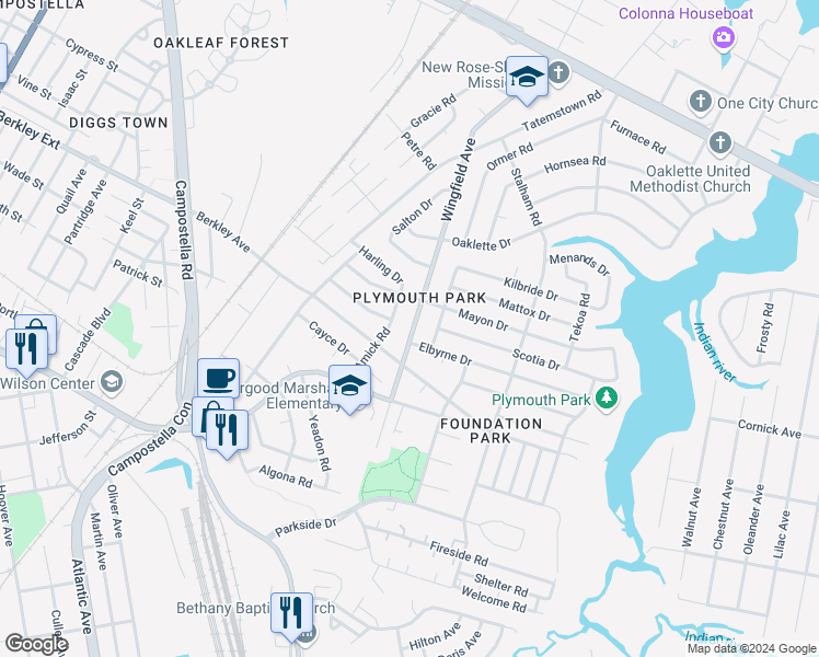 map of restaurants, bars, coffee shops, grocery stores, and more near 1511 Wingfield Avenue in Chesapeake