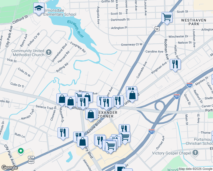 map of restaurants, bars, coffee shops, grocery stores, and more near 81 Wyoming Avenue in Portsmouth