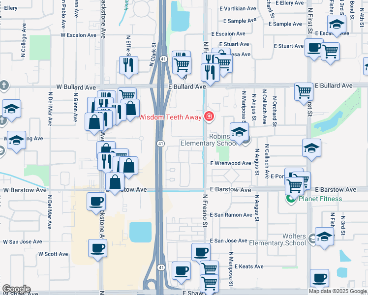 map of restaurants, bars, coffee shops, grocery stores, and more near 5565 North Fresno Street in Fresno