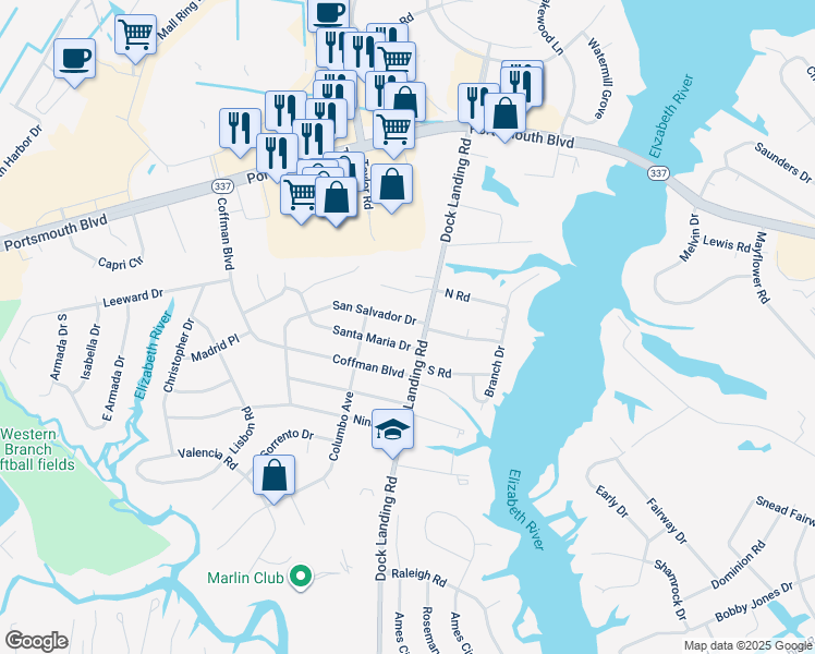 map of restaurants, bars, coffee shops, grocery stores, and more near 4005 San Salvador Drive in Chesapeake