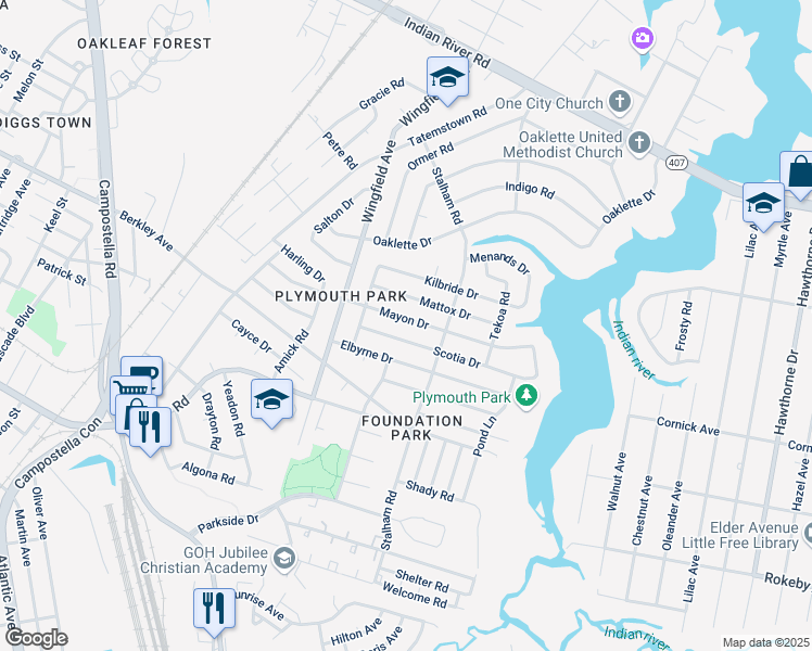 map of restaurants, bars, coffee shops, grocery stores, and more near 2919 Mayon Drive in Chesapeake