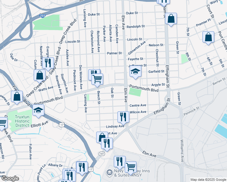 map of restaurants, bars, coffee shops, grocery stores, and more near 1241 Portsmouth Boulevard in Portsmouth