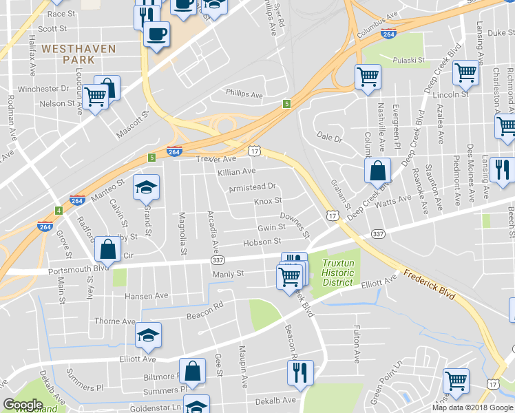 map of restaurants, bars, coffee shops, grocery stores, and more near 3232 Knox Street in Portsmouth