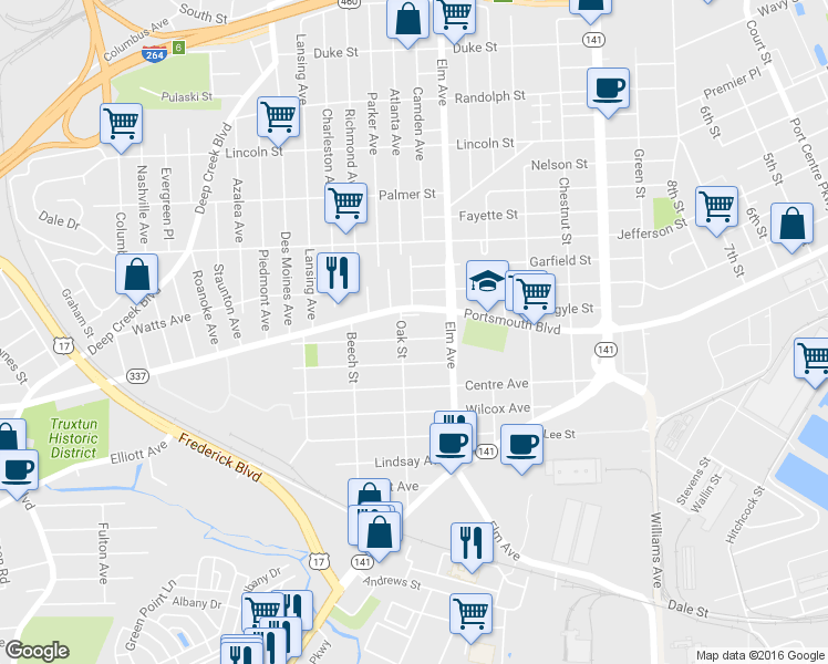 map of restaurants, bars, coffee shops, grocery stores, and more near 1230 Highland Avenue in Portsmouth