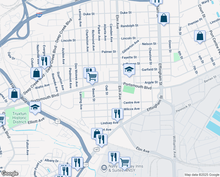 map of restaurants, bars, coffee shops, grocery stores, and more near 1230 Highland Avenue in Portsmouth