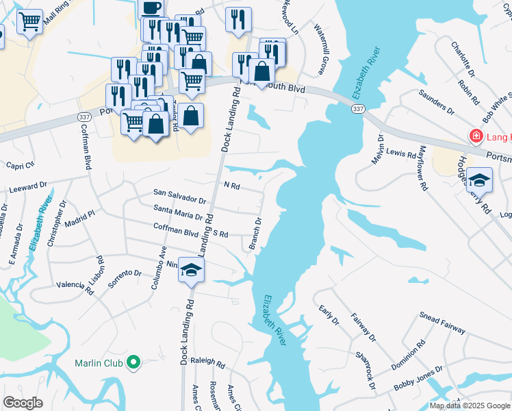 map of restaurants, bars, coffee shops, grocery stores, and more near 2244 Branch Drive in Chesapeake