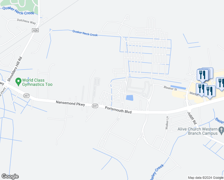 map of restaurants, bars, coffee shops, grocery stores, and more near 5129 Lombard Street in Chesapeake