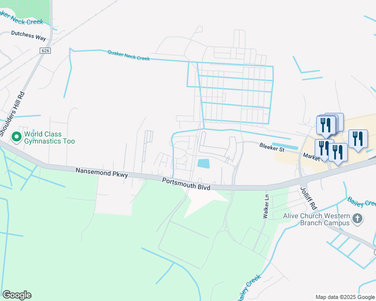 map of restaurants, bars, coffee shops, grocery stores, and more near 5106 Lombard Street in Chesapeake