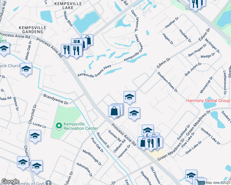 map of restaurants, bars, coffee shops, grocery stores, and more near 4717 Driver Court in Virginia Beach