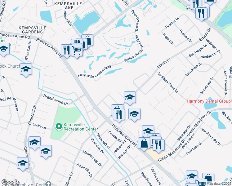 map of restaurants, bars, coffee shops, grocery stores, and more near 4717 Driver Court in Virginia Beach