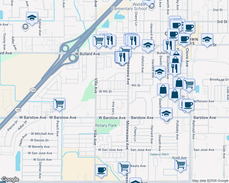 map of restaurants, bars, coffee shops, grocery stores, and more near 95 West 9th Street in Clovis