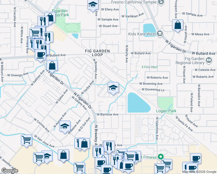 map of restaurants, bars, coffee shops, grocery stores, and more near 5619 North Avocado Lane in Fresno