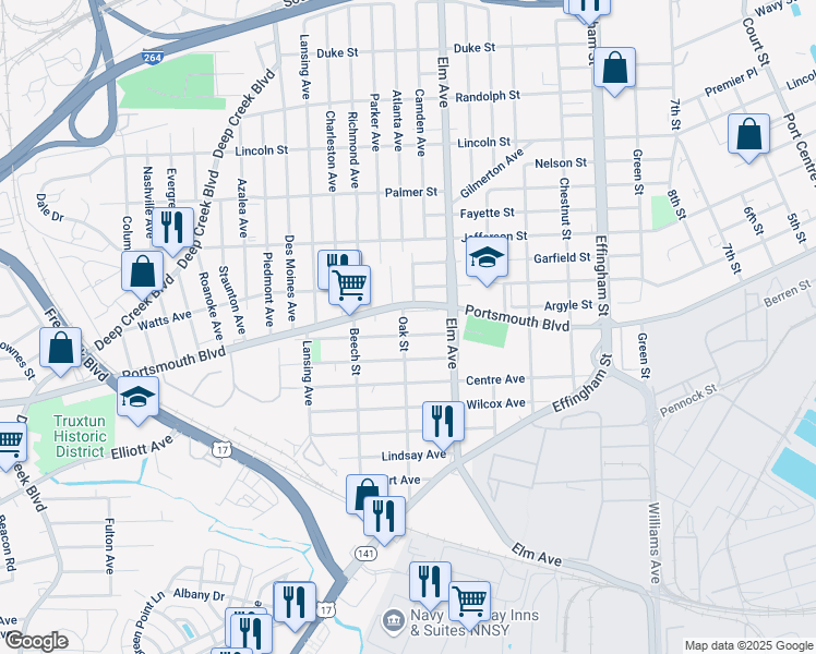 map of restaurants, bars, coffee shops, grocery stores, and more near 1241 Portsmouth Boulevard in Portsmouth