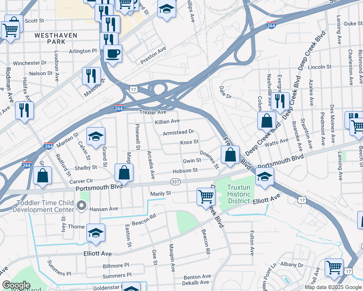 map of restaurants, bars, coffee shops, grocery stores, and more near 3232 Knox Street in Portsmouth
