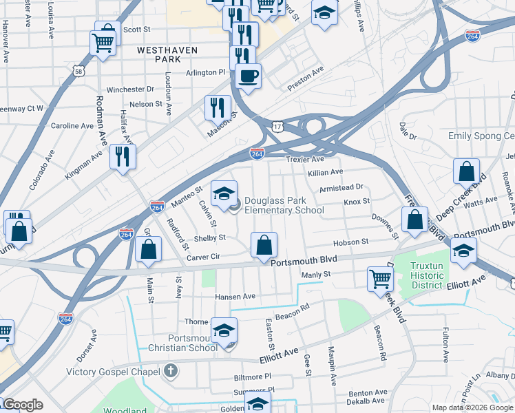 map of restaurants, bars, coffee shops, grocery stores, and more near 370 Carver Circle in Portsmouth