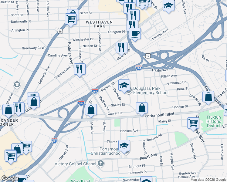 map of restaurants, bars, coffee shops, grocery stores, and more near 18 Calvin Street in Portsmouth
