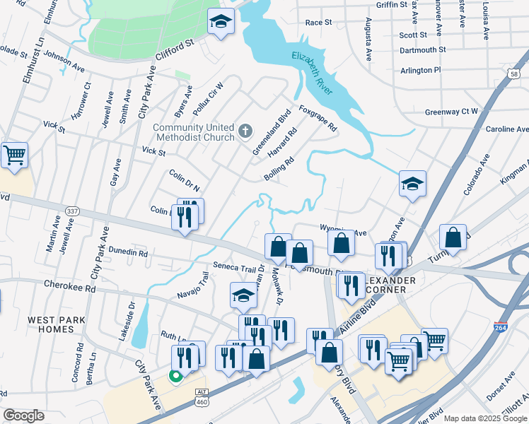 map of restaurants, bars, coffee shops, grocery stores, and more near 19 Bradley Avenue in Portsmouth