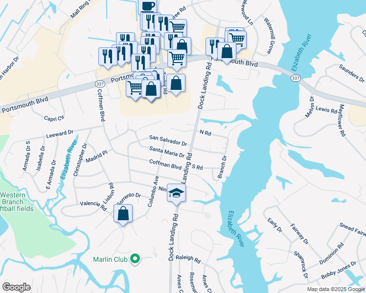 map of restaurants, bars, coffee shops, grocery stores, and more near 4005 San Salvador Drive in Chesapeake