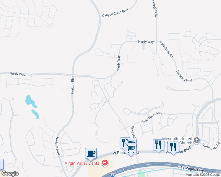 map of restaurants, bars, coffee shops, grocery stores, and more near 722 Hardy Way in Mesquite