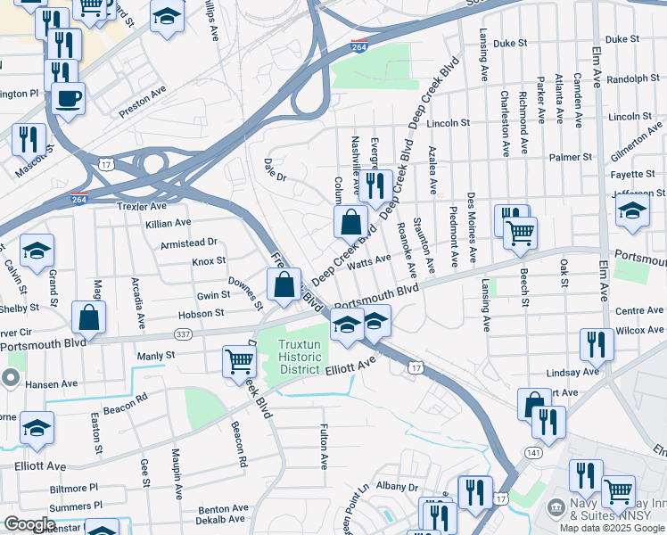 map of restaurants, bars, coffee shops, grocery stores, and more near 2701 Chicago Avenue in Portsmouth