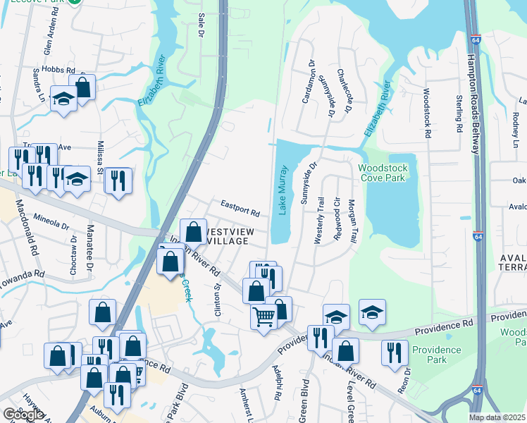 map of restaurants, bars, coffee shops, grocery stores, and more near 6300 Eastport Road in Virginia Beach