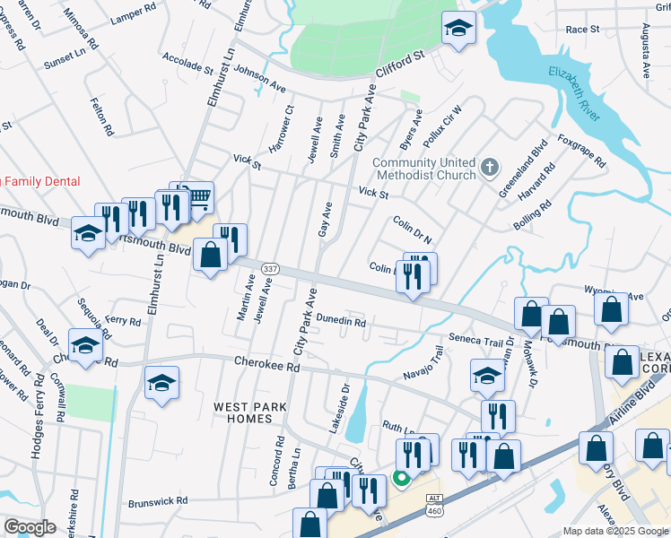 map of restaurants, bars, coffee shops, grocery stores, and more near 3 Byers Avenue in Portsmouth