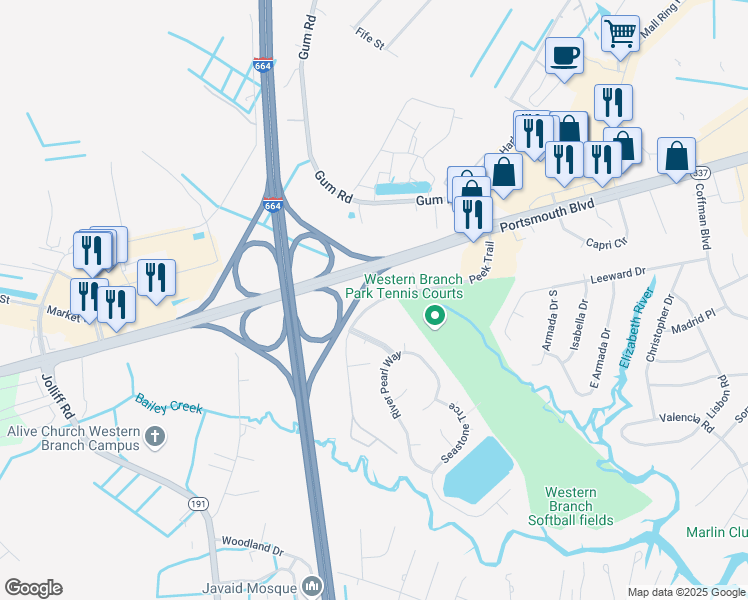 map of restaurants, bars, coffee shops, grocery stores, and more near 4516 Peek Trail in Chesapeake
