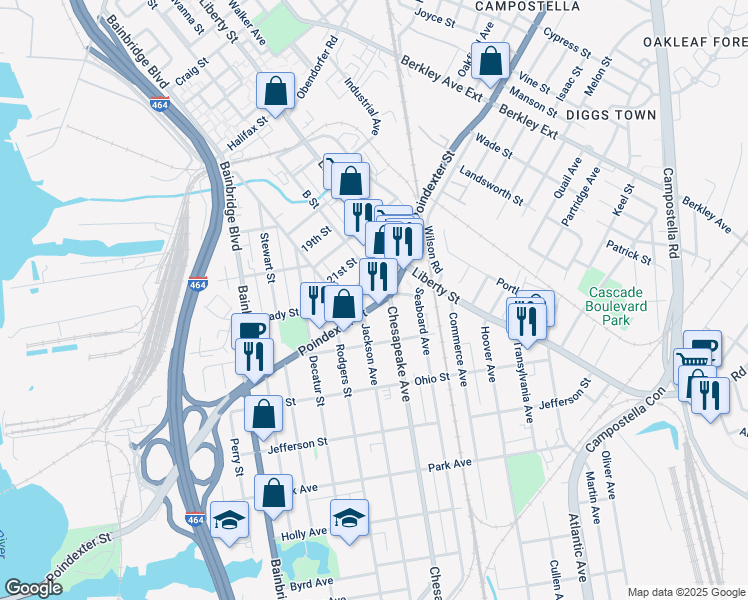 map of restaurants, bars, coffee shops, grocery stores, and more near 1325 Poindexter Street in Chesapeake