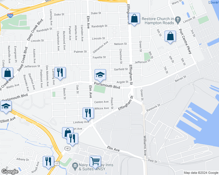 map of restaurants, bars, coffee shops, grocery stores, and more near 2700 Peach Street in Portsmouth