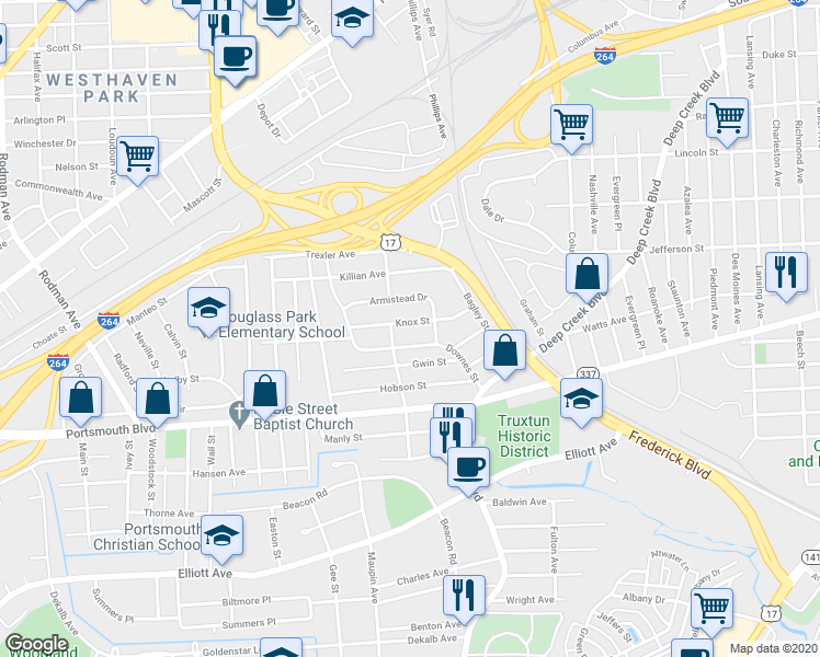 map of restaurants, bars, coffee shops, grocery stores, and more near 3217 Knox Street in Portsmouth