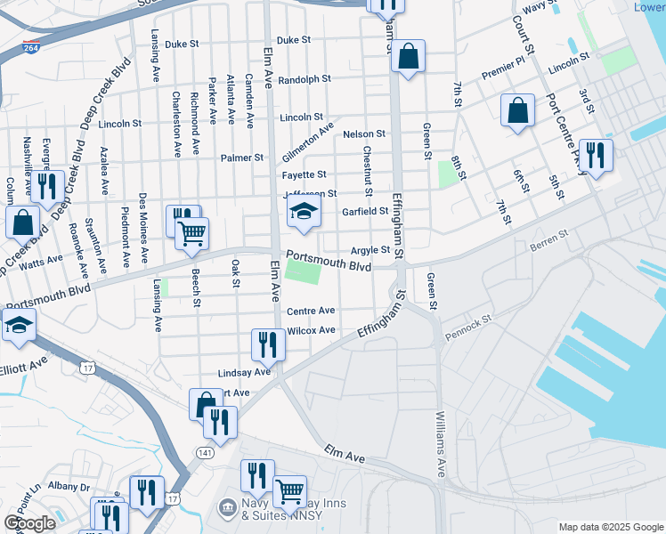 map of restaurants, bars, coffee shops, grocery stores, and more near 2700 Peach Street in Portsmouth