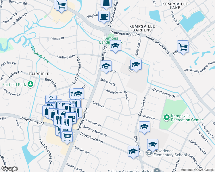 map of restaurants, bars, coffee shops, grocery stores, and more near 700 Lord Nelson Drive in Virginia Beach